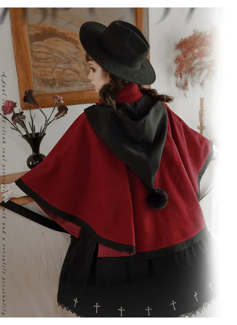 Elegant Lolita Winter Coat Black and White Camellia Cape