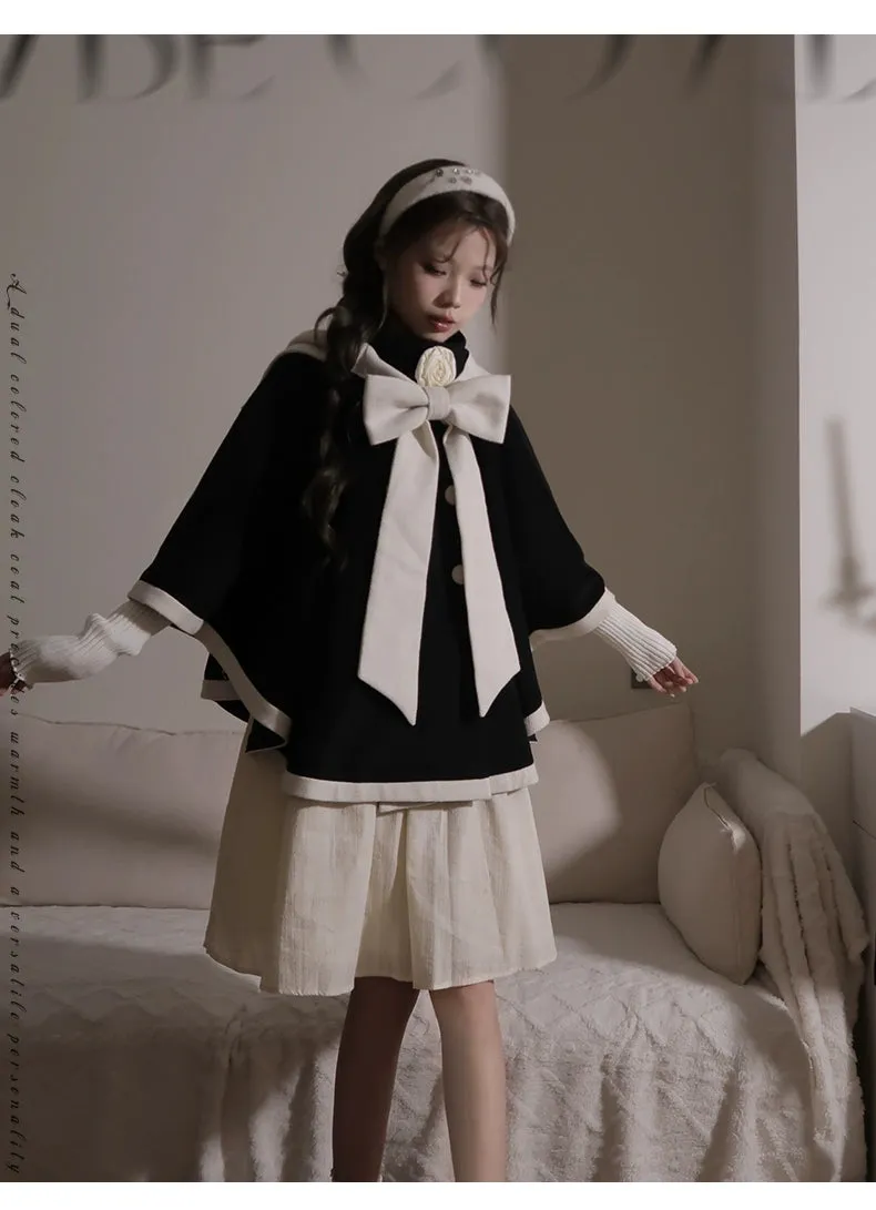 Elegant Lolita Winter Coat Black and White Camellia Cape